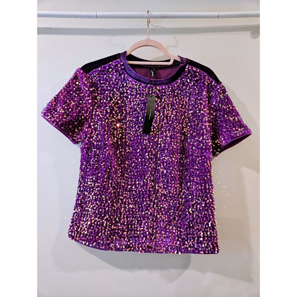 Allegra K Purple Velvet Sequin Top Short Sleeve LSU Party Shirt Womens Small